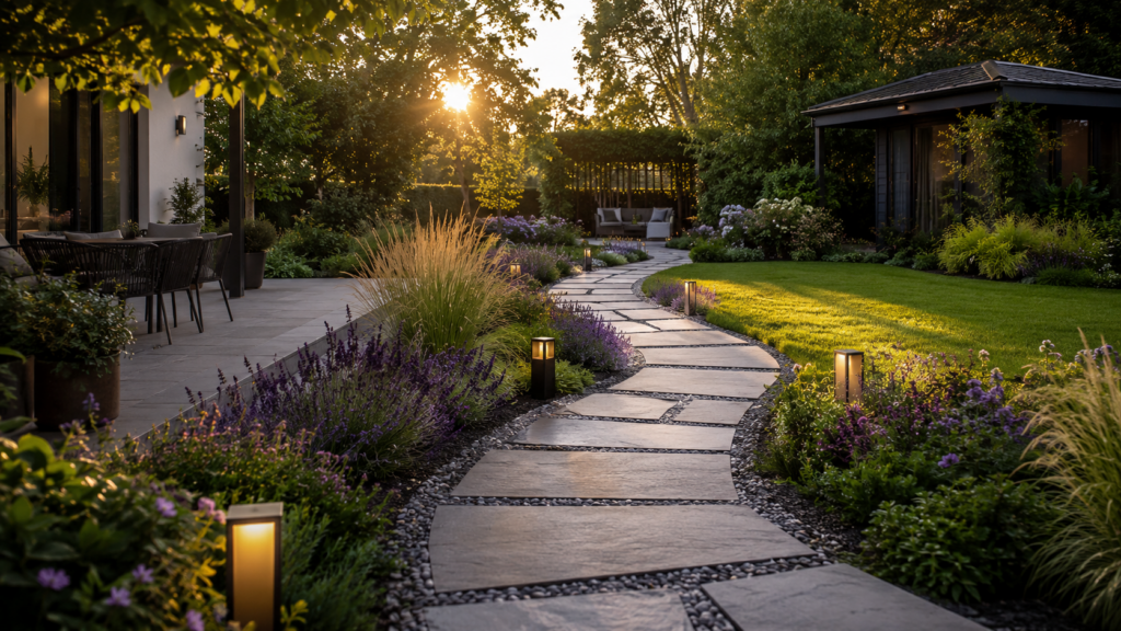 Gartenweg verbindet Terrasse, Rasen, Beete und Sitzplatz als wichtige Gartenzone
