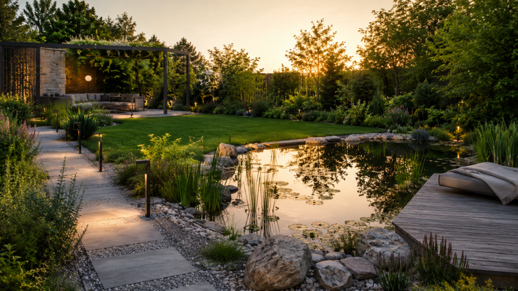 Wasserzone mit Teich, Naturstein und Gräsern als ruhiger Gartenbereich planen