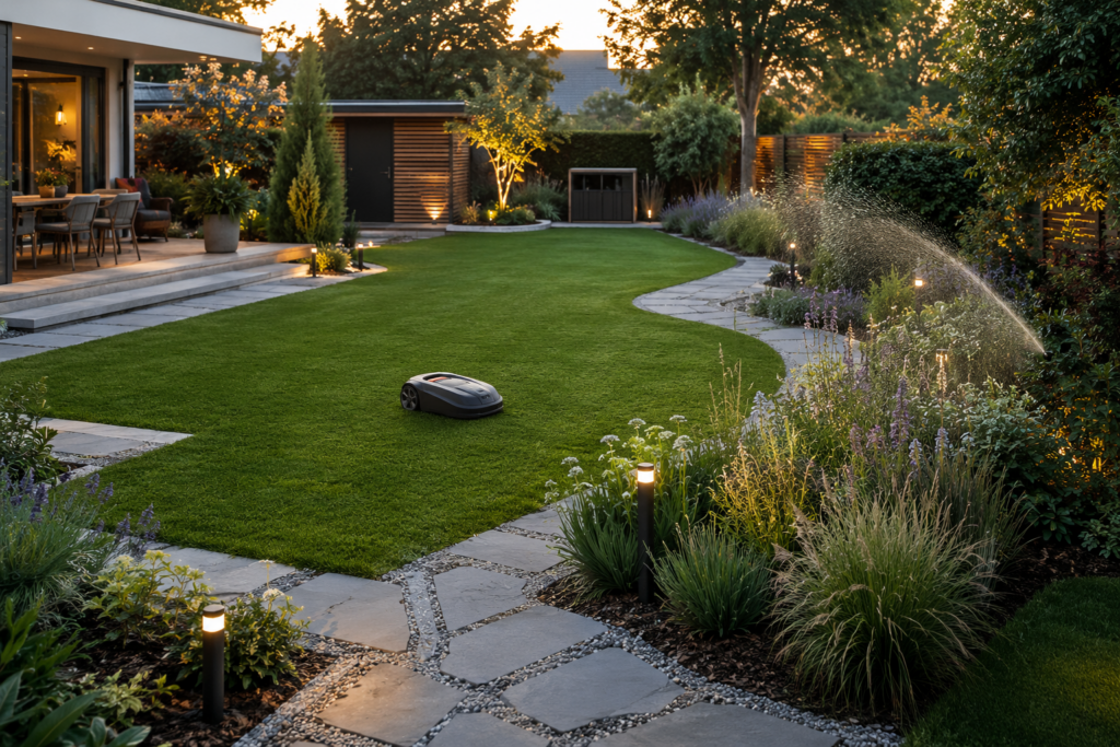 Smart Garden mit Mähroboter, Bewässerung und Beleuchtung als pflegeleichte Gartenzone planen