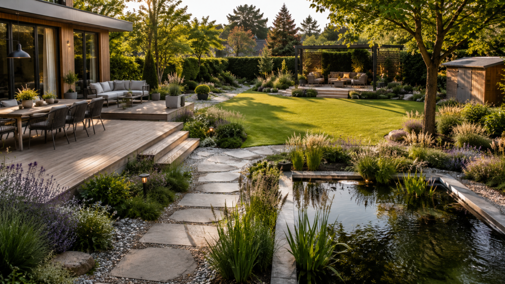 Gartenzonen planen mit Terrasse, Rasen, Gartenweg, Ruhebereich, Beeten und Funktionszone