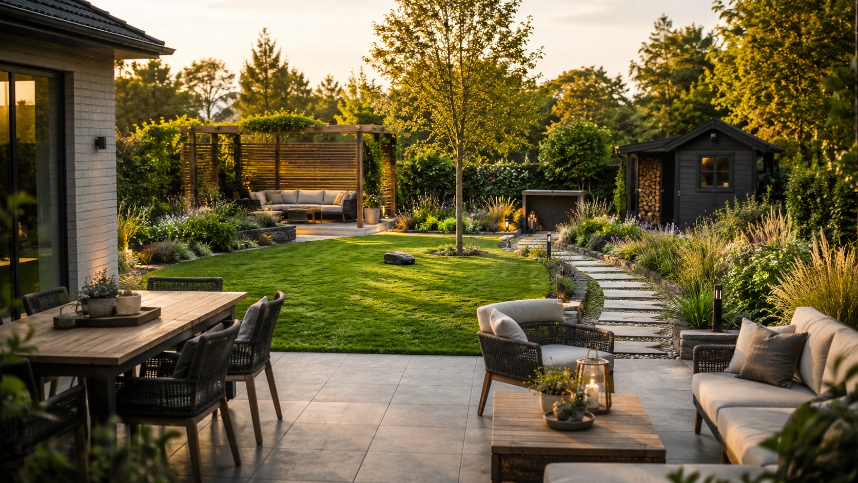 Gartenzonen planen mit Terrasse, Rasenfläche, Gartenweg, pflegeleichten Beeten und Ruhebereich in einem modernen Familiengarten