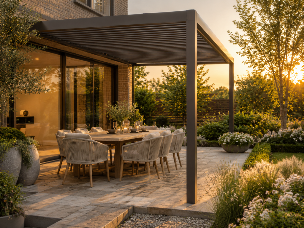 Pergola an der Terrasse mit Esstisch als überdachter Sitzplatz im modernen Garten.