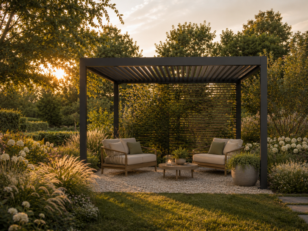 Freistehende Pergola als Ruhebereich im Garten mit Pflanzen, Sichtschutz und gemütlicher Sitzfläche.