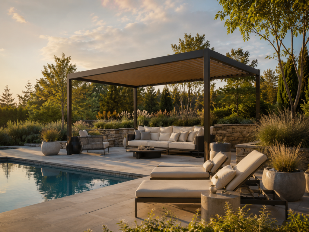 Pergola am Pool als Schattenplatz und Lounge-Bereich in einem hochwertig gestalteten Garten.
