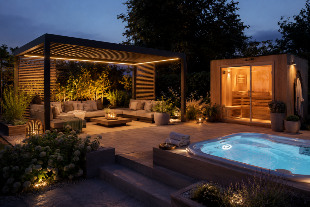 Pergola neben Sauna und Whirlpool als geschützter Wellnessbereich im Garten.