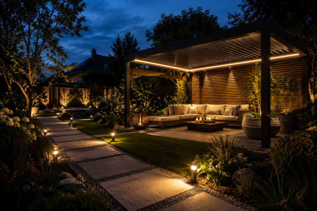 Pergola mit LED-Beleuchtung und beleuchtetem Gartenweg für sichere Abendnutzung.