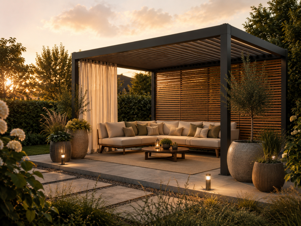 Pergola mit Sichtschutz, Pflanzkübeln und Lounge als geschützter Rückzugsort im Garten.