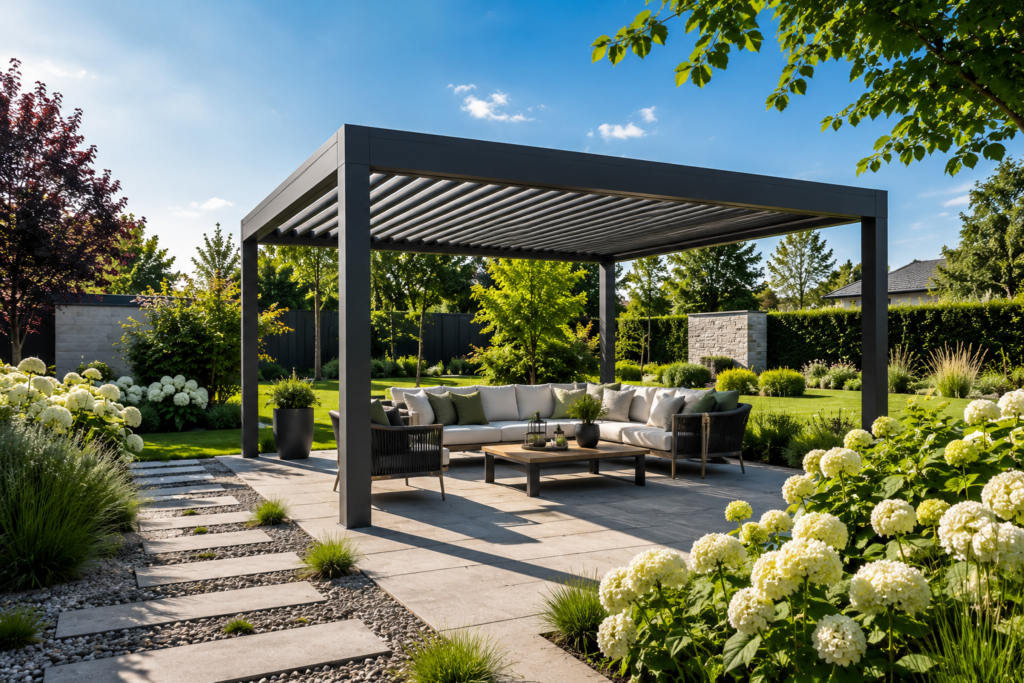 Freistehende moderne Pergola mit Lounge-Bereich in einem hochwertig gestalteten Garten an einem sonnigen Sommertag.