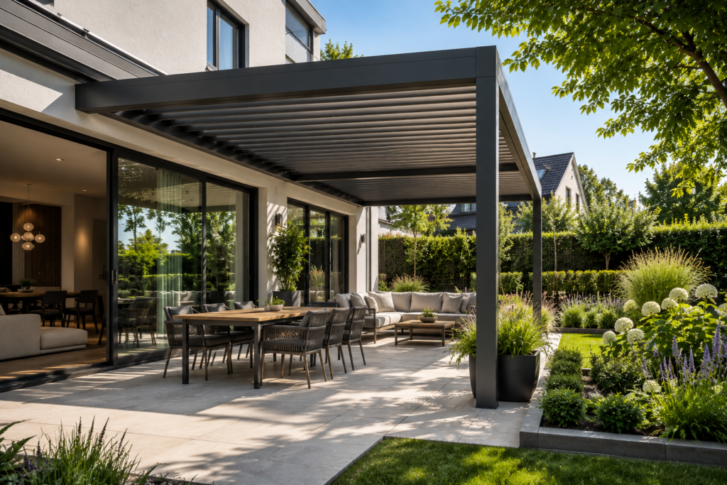 Pergola als Terrassenüberdachung mit direktem Übergang zwischen Haus und hochwertigem Garten.
