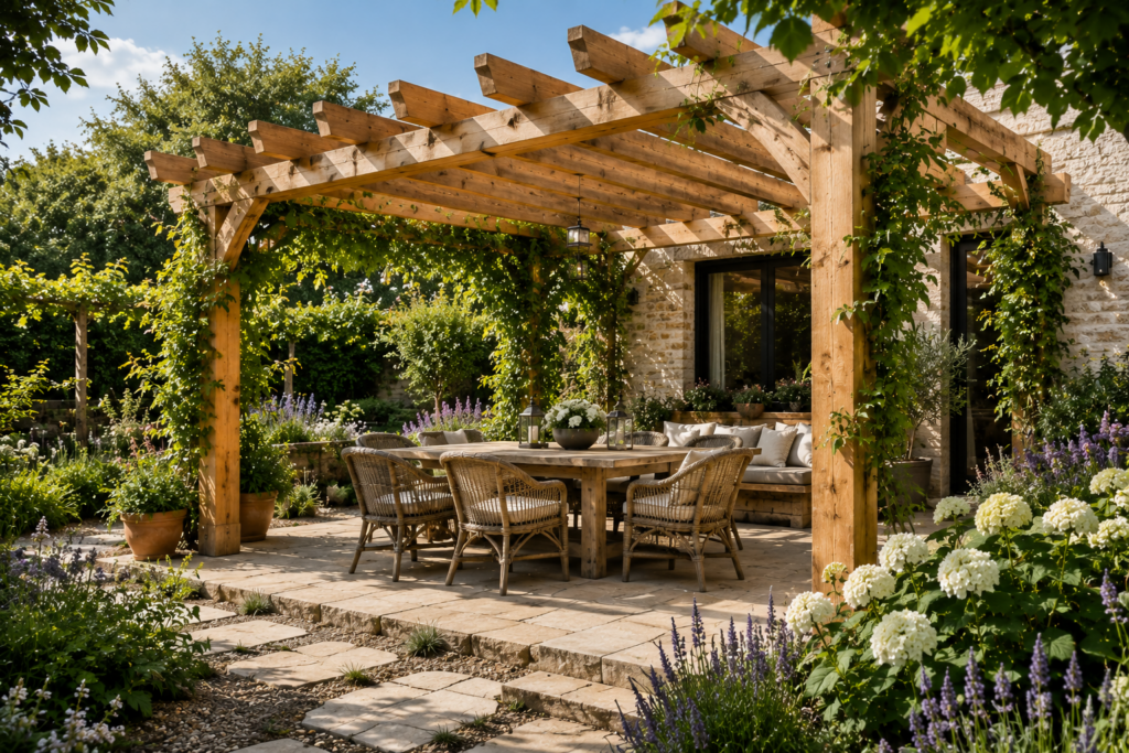 Pergola aus Douglasienholz mit Kletterpflanzen und gemütlichem Sitzbereich im Garten.