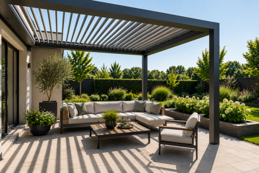 Moderne Pergola mit Lamellendach und hochwertiger Outdoor-Lounge in einem Premium-Garten.