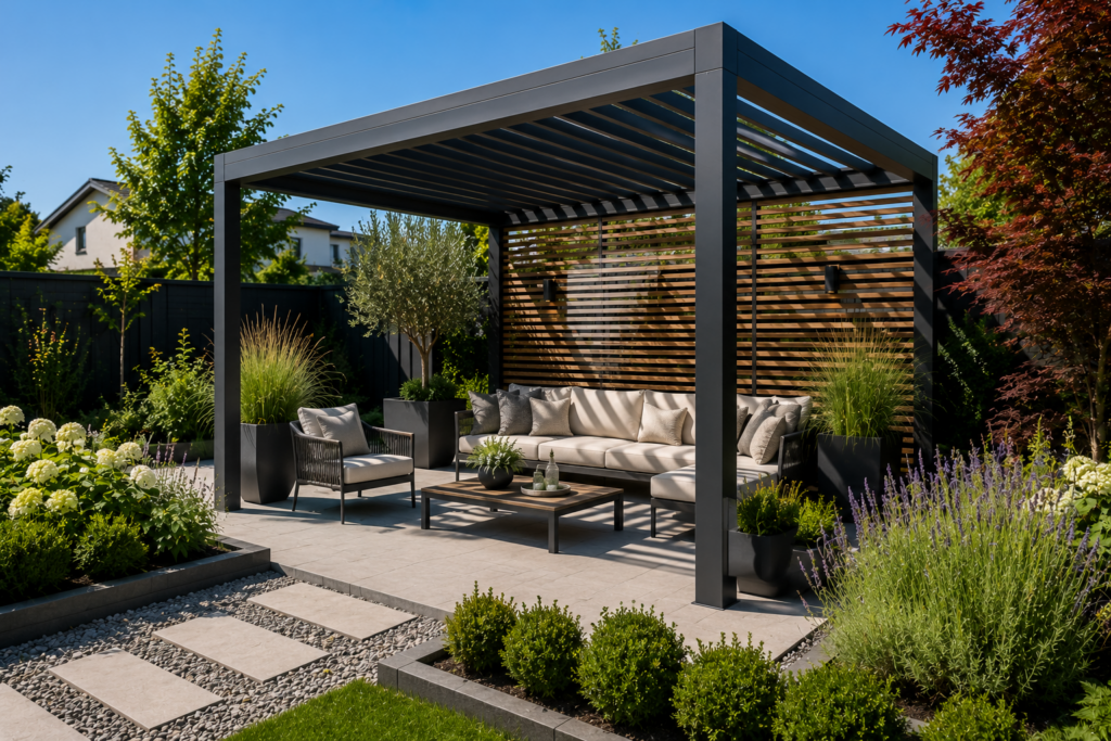 Pergola mit integriertem Sichtschutz für mehr Privatsphäre und Wohnqualität im Garten.
