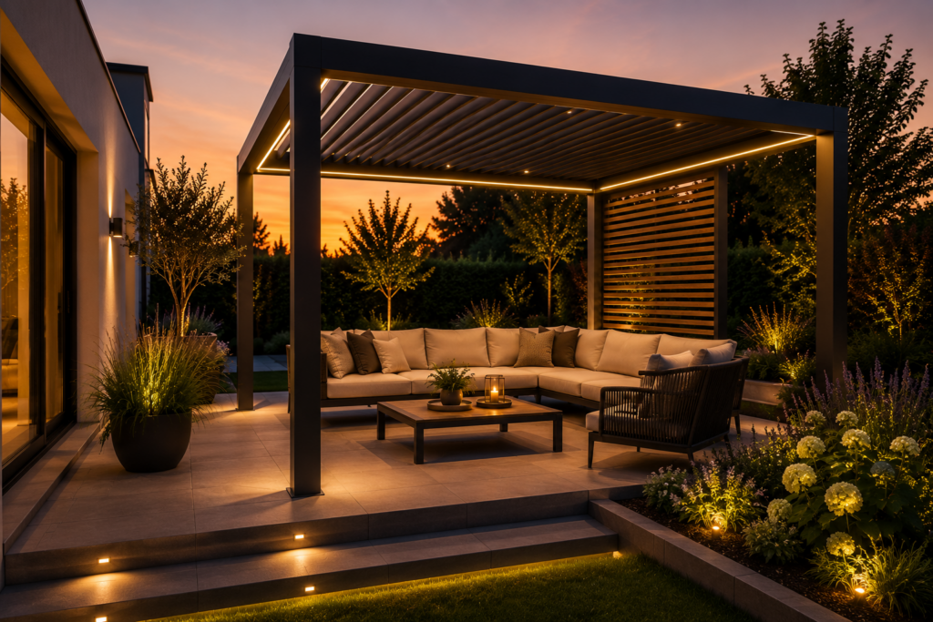 Pergola mit stimmungsvoller Beleuchtung und hochwertigem Lounge-Bereich am Abend.