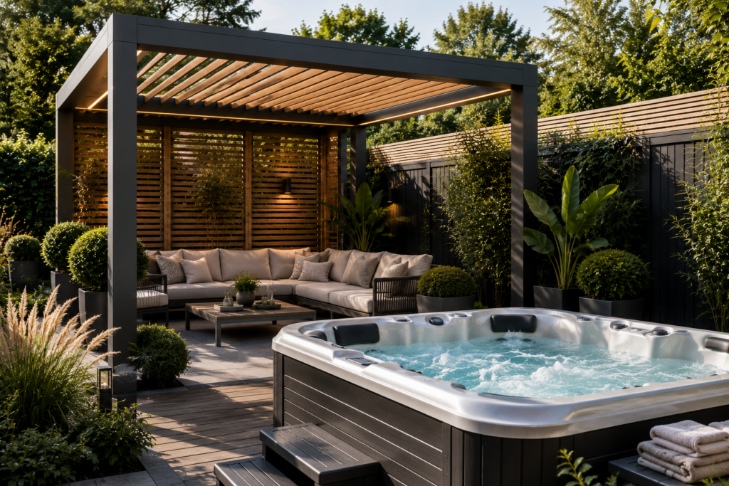 Wellness-Pergola mit Whirlpool und privatem Entspannungsbereich im Garten.