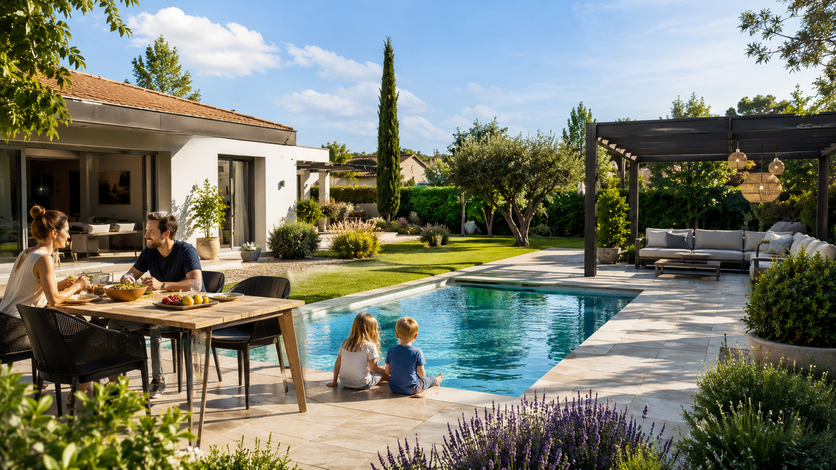 Pool im Garten mit moderner Pergola, Terrasse und hochwertiger Gartengestaltung