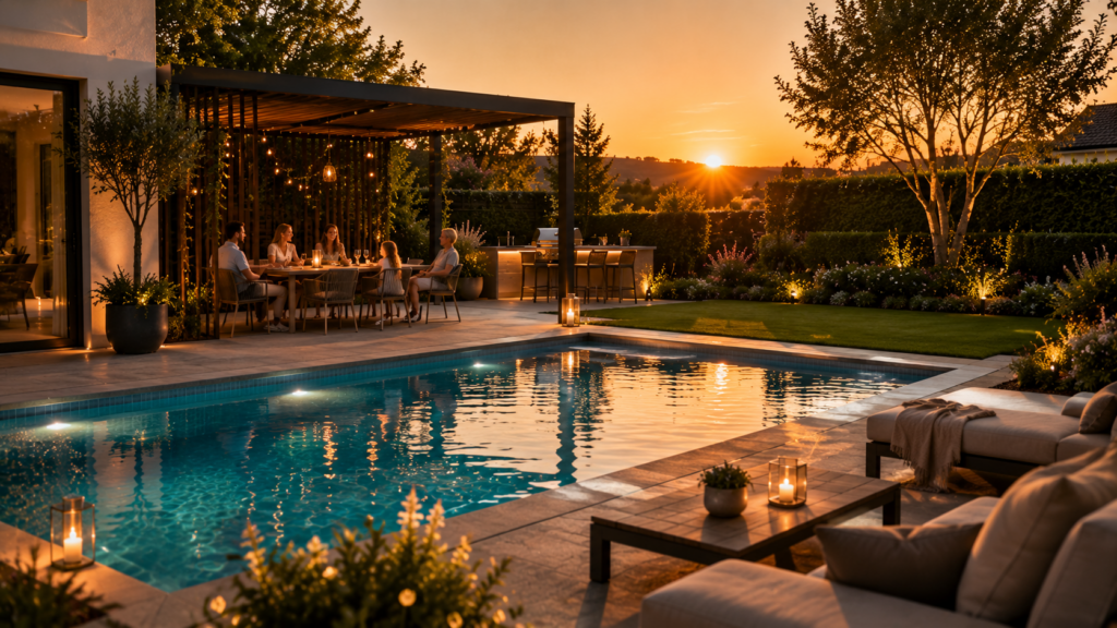 Familie genießt einen entspannten Sommerabend am Pool im eigenen Garten.