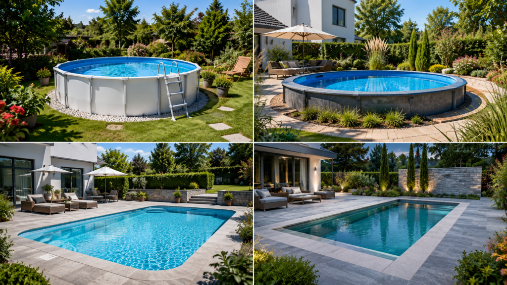 Vergleich verschiedener Poolarten im Garten von Aufstellpool über Stahlwandpool bis zum hochwertigen GFK- und Betonpool. Strategischer Nutzen Suchintention Poolarten Affiliate-Potenzial Hohe Verweildauer