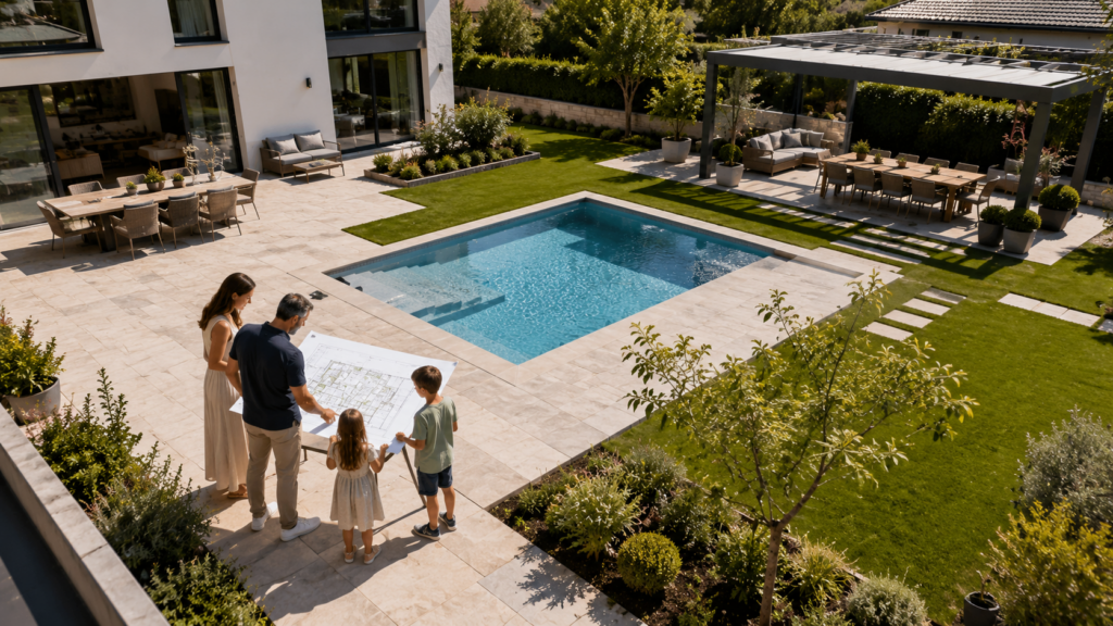 Familienfreundliche Planung eines Pools mit passender Größe im modernen Garten. Strategischer Nutzen Familienzielgruppe Kaufentscheidung Lebensqualität