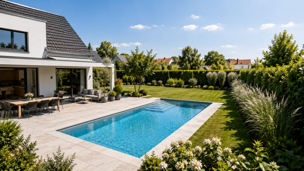 Optimal positionierter Pool mit sonniger Lage und kurzen Wegen zur Terrasse. Strategischer Nutzen Praktischer Mehrwert Planungskompetenz Vertrauensaufbau