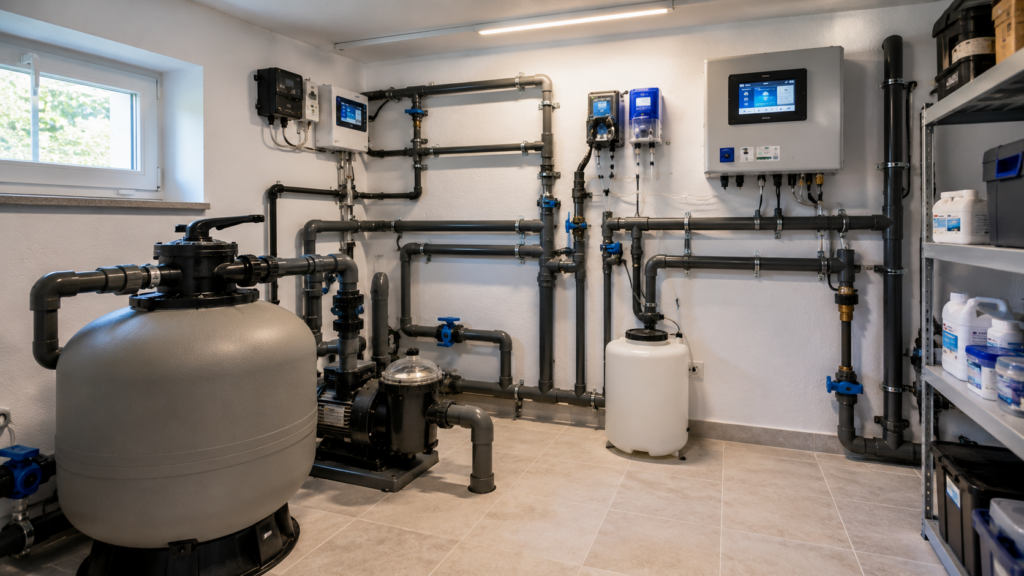 Moderne Pooltechnik mit Sandfilteranlage, Poolpumpe und Steuerungssystem. Strategischer Nutzen Affiliate-Möglichkeiten Fachkompetenz Suchbegriff Pooltechnik