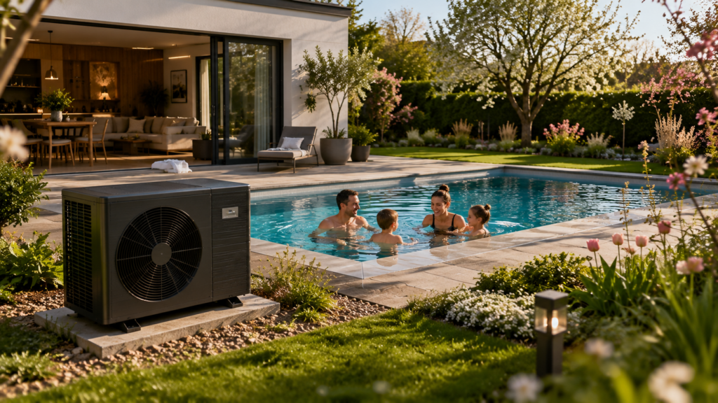 Pool mit moderner Wärmepumpe für eine verlängerte Badesaison im Garten. Strategischer Nutzen Starkes Affiliate-Thema Energieeffizienz