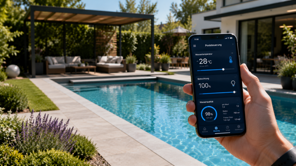 Smarte Poolsteuerung per Smartphone für Temperatur, Beleuchtung und Wasserpflege.