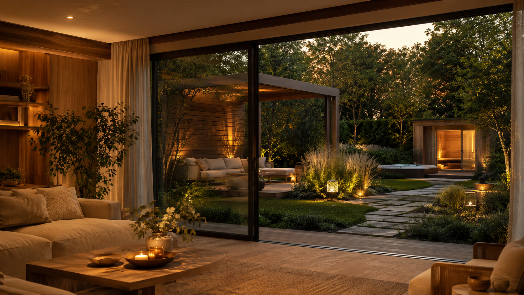 Wellness Zuhause mit modernem Wohnbereich, Gartenlounge, Gartensauna und warmer Beleuchtung für mehr Ruhe und Lebensqualität