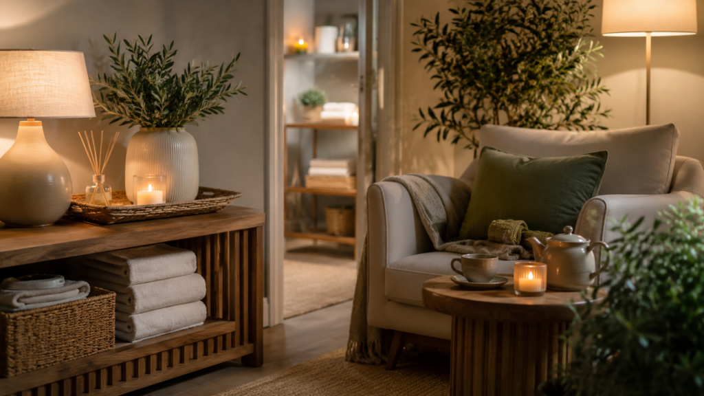 Kleine hochwertige Wellness-Elemente wie Licht, Pflanzen und Textilien für mehr Ruhe im Alltag