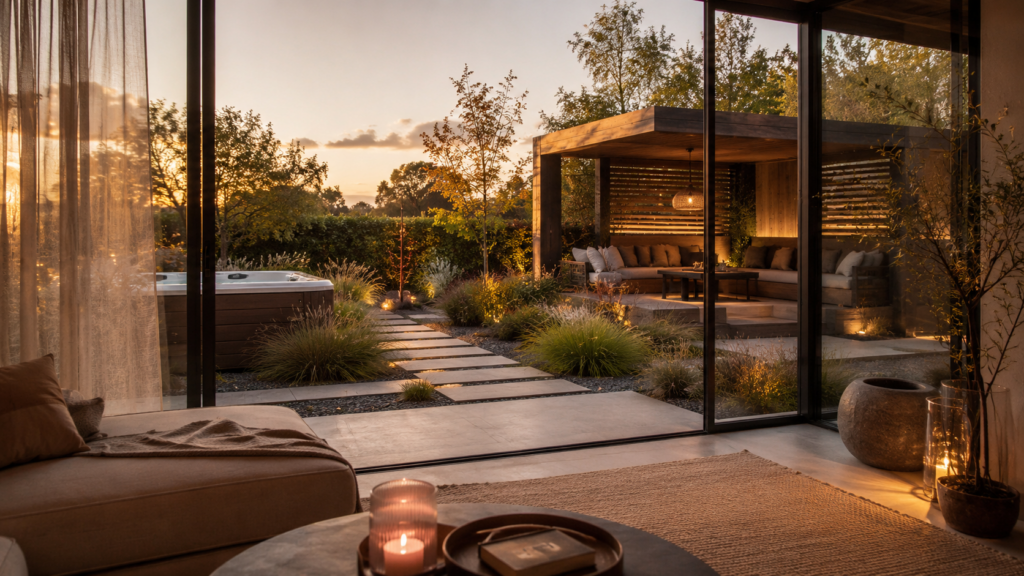 Wellness Zuhause mit modernem Wohnbereich, Gartenlounge und warmer Abendbeleuchtung für mehr Ruhe und Lebensqualität
