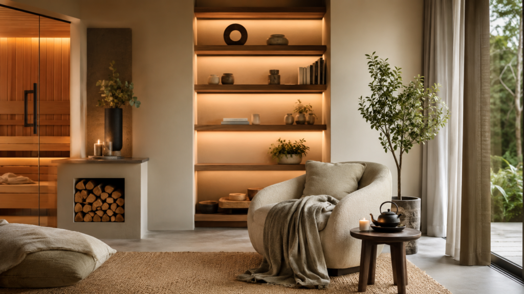 Ruhiger Wohnraum mit natürlichen Materialien und warmer Atmosphäre als Symbol für Wellness Zuhause