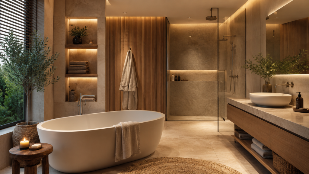 Modernes Badezimmer mit Badewanne, warmem Licht und natürlichen Materialien als privater Wellnessbereich