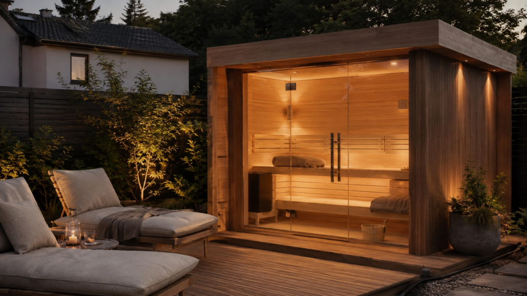 Moderne Gartensauna mit Ruhezone und warmer Beleuchtung in hochwertiger privater Wellnessgestaltung