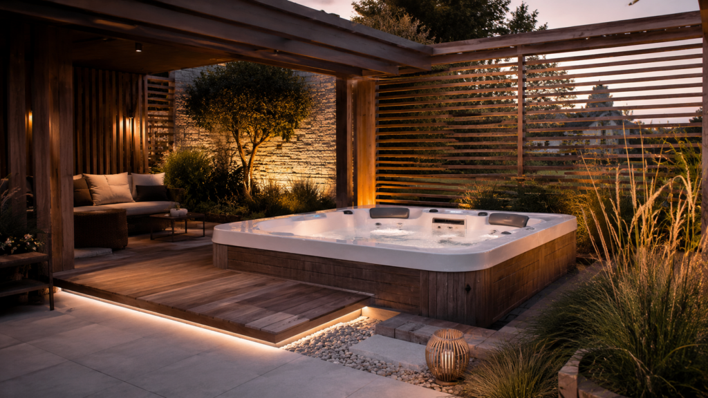 Whirlpool im Garten mit Sichtschutz, Lounge und sanfter Beleuchtung als stilvolle Outdoor-Wellnesszone