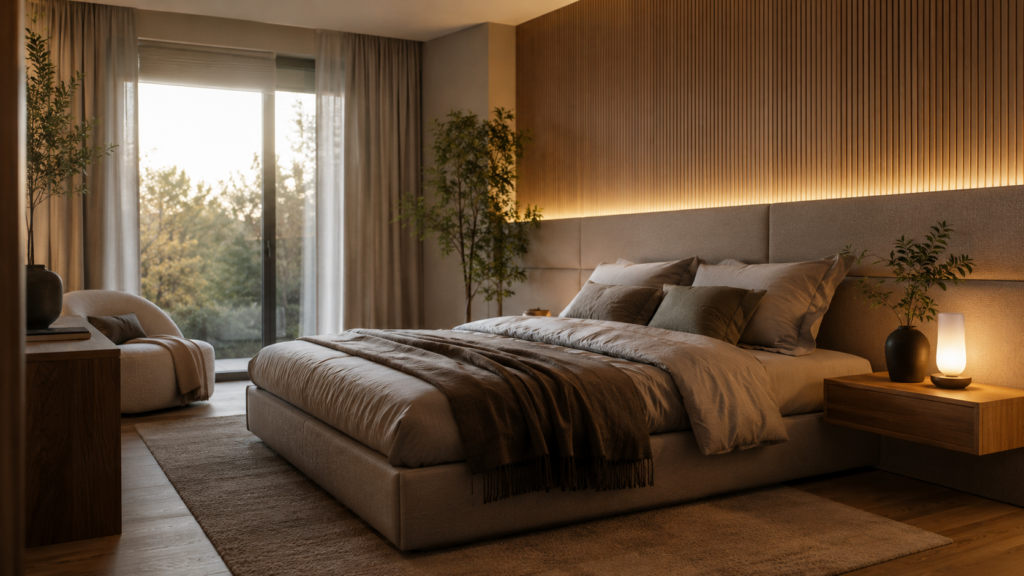 Ruhiges Schlafzimmer mit hochwertigen Textilien und warmer Beleuchtung als Ort für Regeneration und Entspannung
