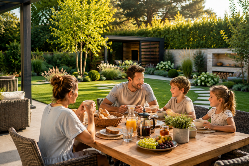 Familie genießt einen sonnigen Morgen auf der Terrasse in einem pflegeleichten Garten mit wenig Arbeit und hoher Lebensqualität