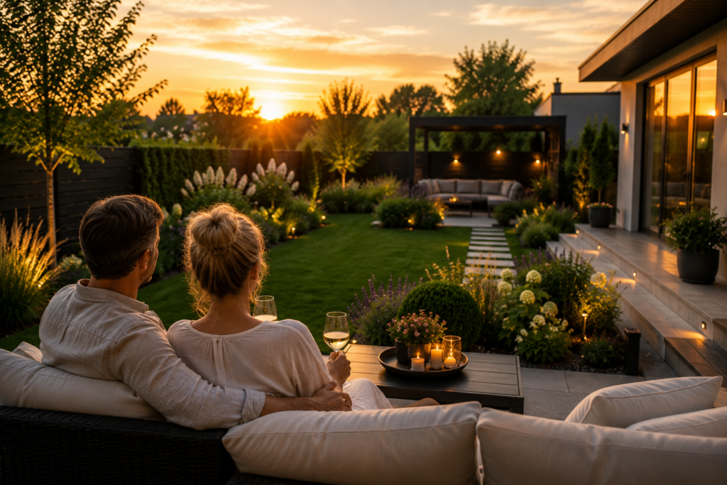 Paar genießt den Abend in einem pflegeleichten Garten mit wenig Arbeit und hoher Lebensqualität