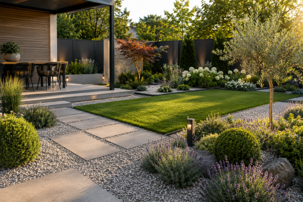 Pflegeleichter Garten mit kleiner Rasenfläche, Kiesbeeten und strukturierter Gartengestaltung für weniger Pflegeaufwand