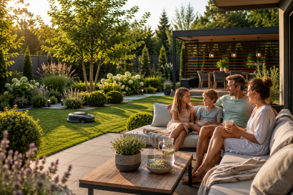Mähroboter pflegt den Rasen automatisch während die Familie ihre Freizeit im Garten genießt