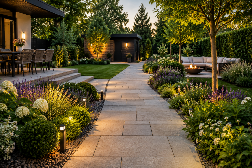 Pflegeleichter Natursteinweg verbindet verschiedene Gartenbereiche in moderner Gartengestaltung