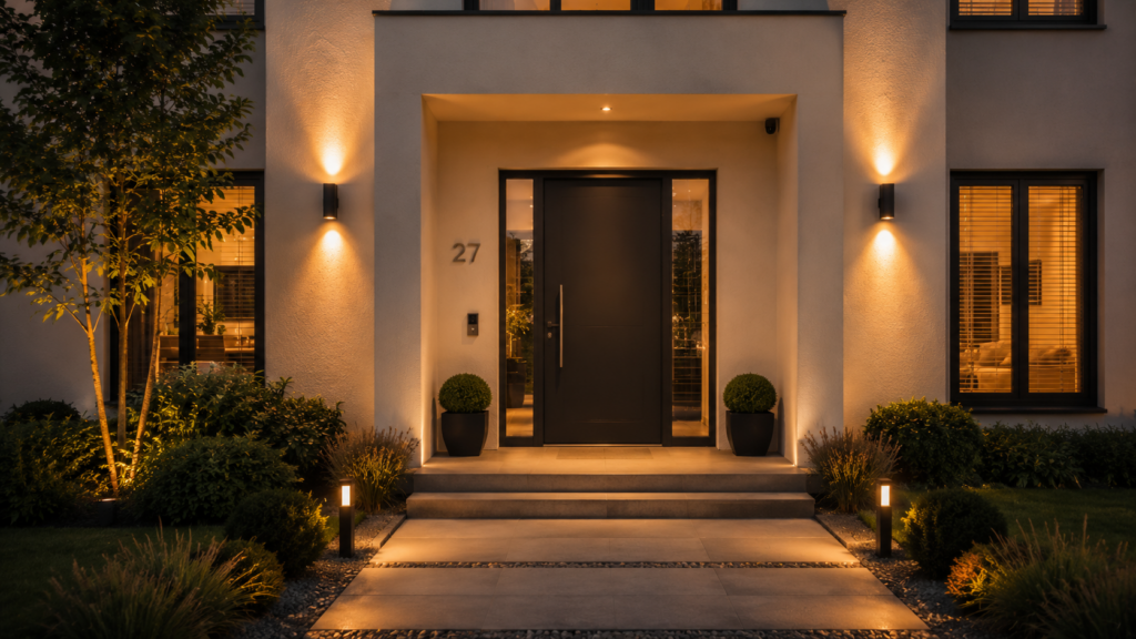 Moderne Haustür mit Beleuchtung und smarter Türklingel für mehr Sicherheit Zuhause