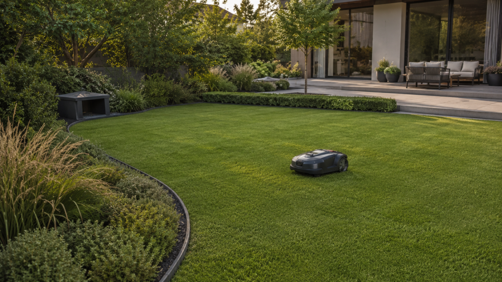 Mähroboter auf klarer Rasenfläche in einem modernen pflegeleichten Garten mit Beetkante, Gräsern und Terrasse
