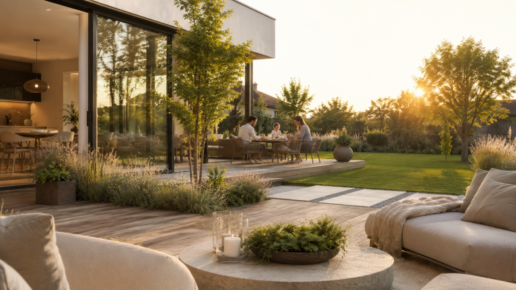 Moderne Terrasse mit hochwertigem Garten, Familie und warmem Abendlicht als Symbol für mehr Ruhe, Sicherheit und Lebensqualität zuhause.