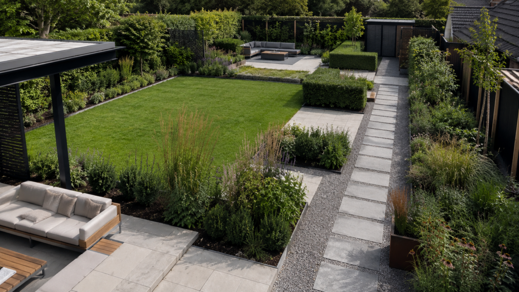 Moderner Garten mit klaren Zonen, Terrasse, Rasenfläche, Gartenweg, Lounge und pflegeleichten Beeten