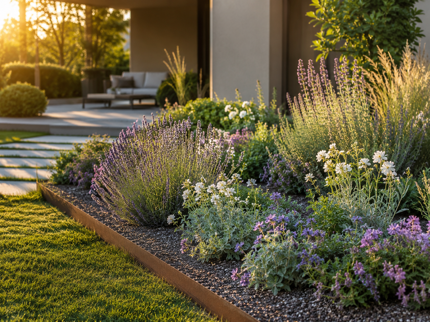 Pflegeleichte Gartenbeete mit Gräsern, Stauden, Mulch und klarer Beetkante im modernen Garten