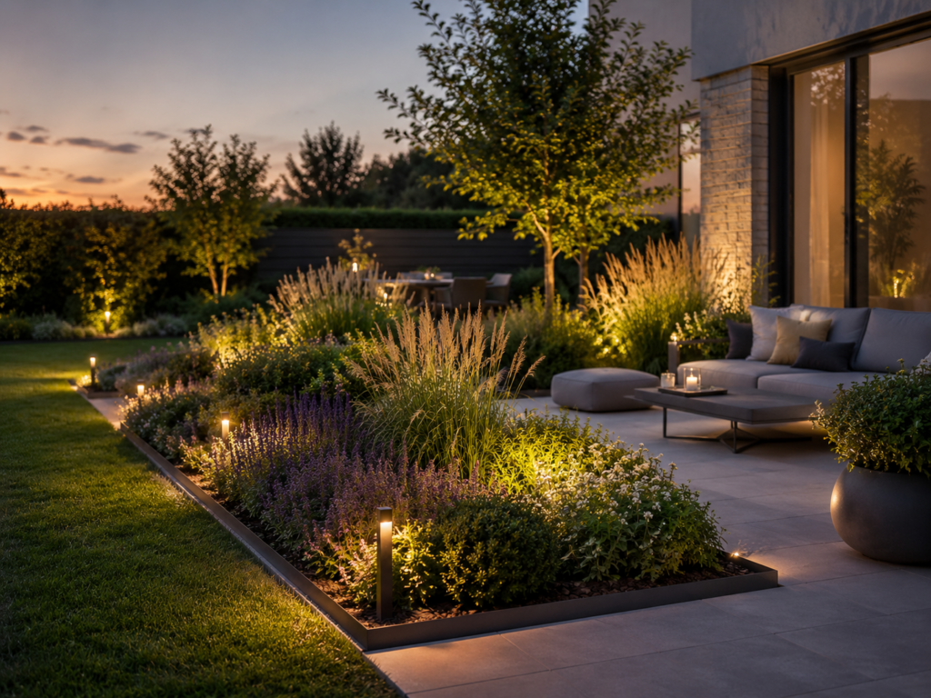 Pflegeleichte Gartenbeete im modernen Garten mit Gräsern, Terrasse und ruhiger Abendstimmung