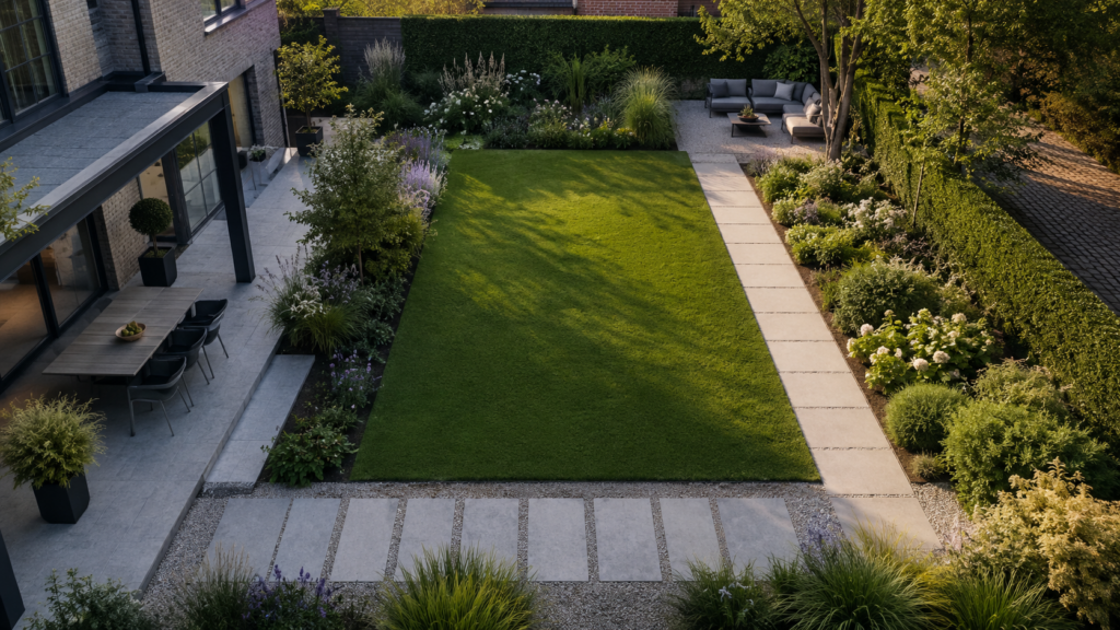 Pflegeleichte Gartengestaltung mit klaren Gartenzonen, Terrasse, Rasenfläche, Gartenweg, Beeten und Lounge