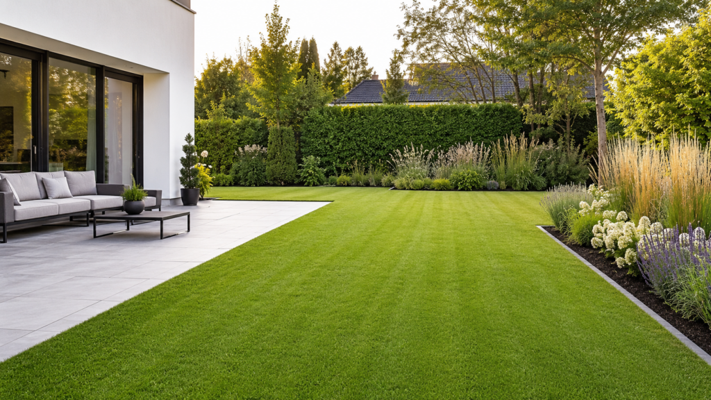 Pflegeleichter Garten mit zusammenhängender Rasenfläche, klaren Rasenkanten, Terrasse und Staudenbeeten