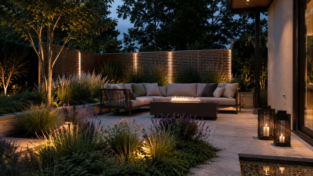 Pflegeleichter Garten mit Wellnessbereich, Outdoor-Lounge, Sichtschutz, Gräsern und warmer Abendbeleuchtung
