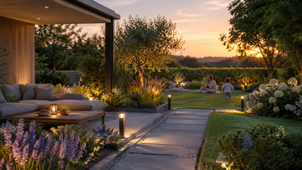 Schöner Garten trotz wenig Zeit mit Terrasse, klarer Struktur, Beleuchtung und Familie im Hintergrund