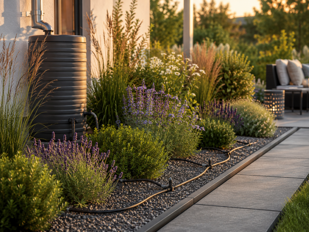 Pflegeleichtes Gartenbeet mit Tropfbewässerung, Mulch und robusten Stauden